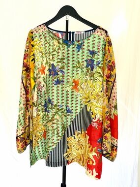 Johnny Was 100% Silk Printed Tunic Top — Size XL — Colorful Boho — Long Sleeve